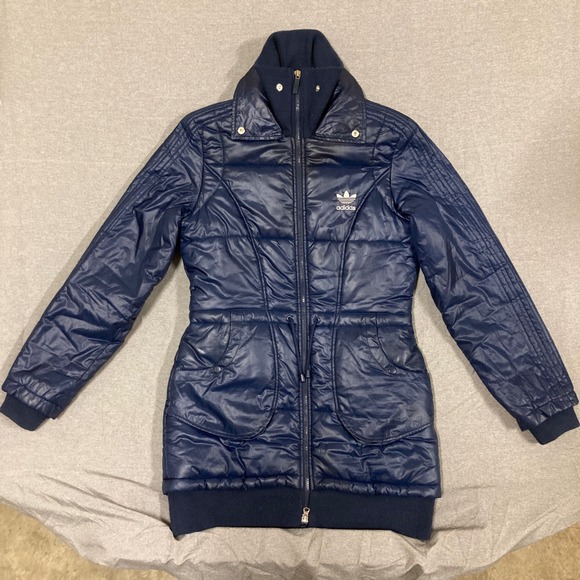 adidas Jackets & Blazers - Adidas Originals Navy Blue Puffer Jacket Longline Trefoil Logo 608525 Womens M